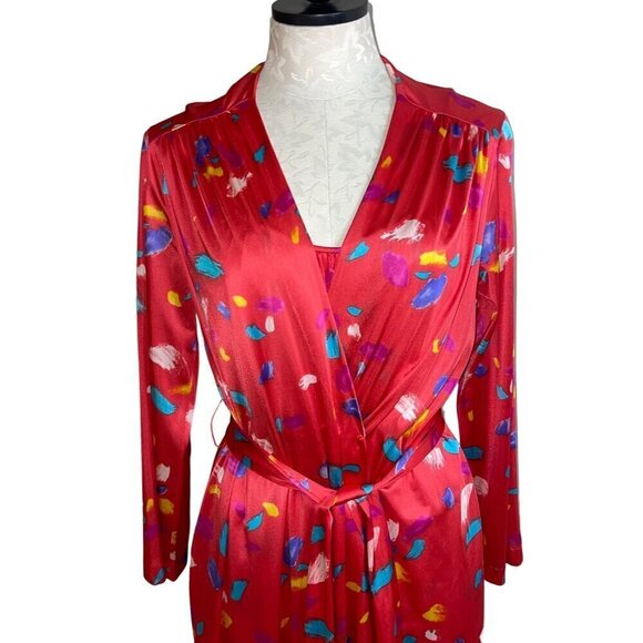 Vanity Fair Vintage 80s Womens Nightgown Robe Set Size S Red Brush Stroke Print - Picture 3 of 10